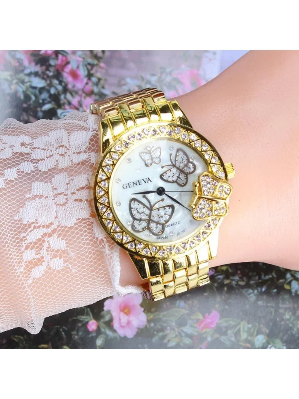 Women's Gold Analog Quartz Butterfly Fashion Steel Band Cuff Bangle Wrist Watch